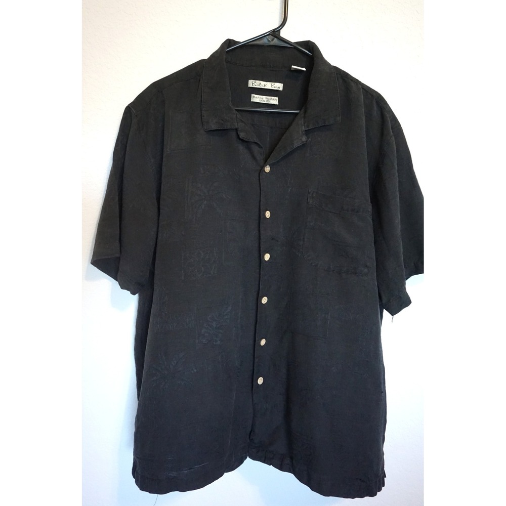 Batik Bay Mens Black 100% Silk Jacquard Tropical Short Sleeve Camp Shirt XL